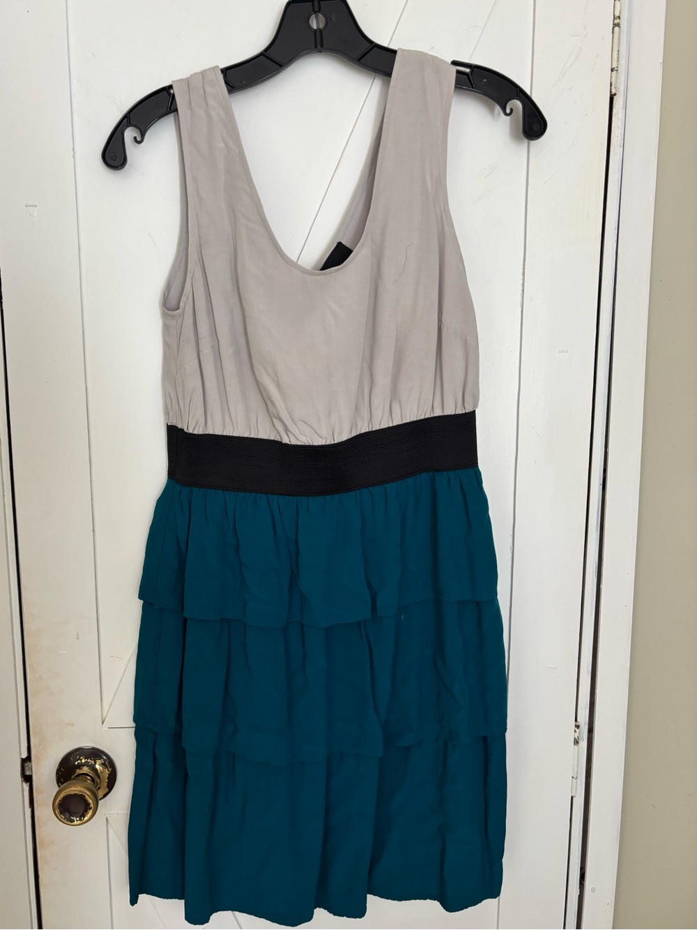 Angie Colorblock Tiered Ruffle Dress Women’s Medium Teal Black Gray